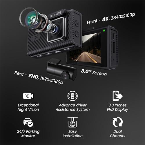 IZI Drive Plus+ 4K Dual Channel Dash Camera with GPS, 3inch HD Screen, 170 Degree Wide Angle, Night Vision, G-Sensor, WiFi, ADAS, Emergency Recording, Made for Indian Roads, Optional Car Park - Image 3