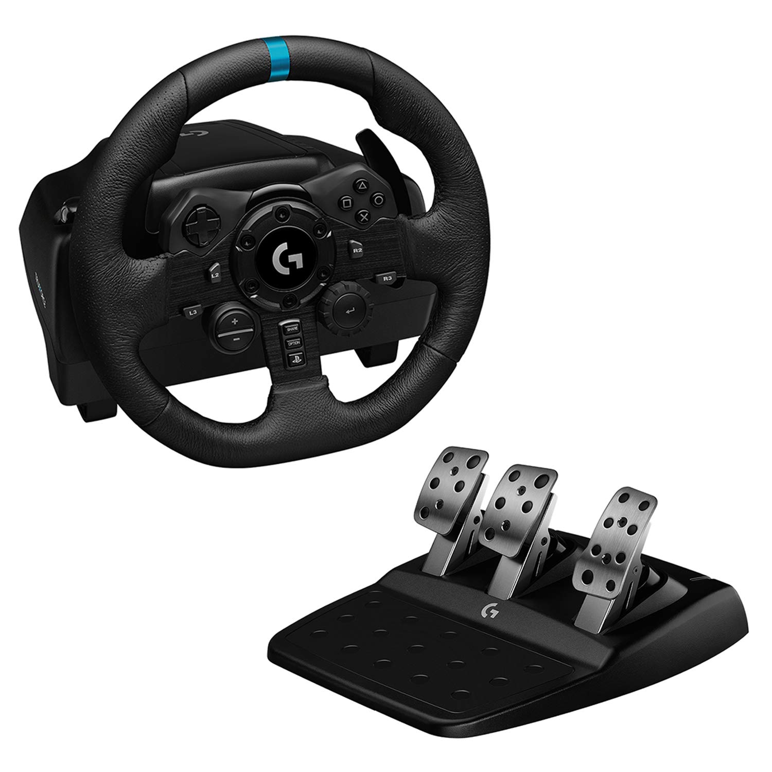 Logitech G923 Racing Wheel and Pedals, TRUEFORCE 1000 Hz Force Feedback, Responsive Driving Design, Dual Clutch Launch Control, Genuine Leather Wheel Cover for PS5, PS4, PC - Black