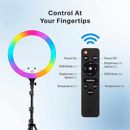 IZI Light 18 inch LED RGB Ring Light & 7ft Foldable Tripod, 28+ Multicolor Modes with Anti Skid Base for YouTube, Photo Video Shoots, Live Streaming, Makeup, iPhone/Android Phone & Camera Com hover view
