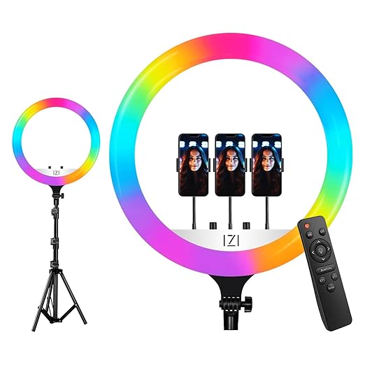 IZI Light 18 inch LED RGB Ring Light & 7ft Foldable Tripod, 28+ Multicolor Modes with Anti Skid Base for YouTube, Photo Video Shoots, Live Streaming, Makeup, iPhone/Android Phone & Camera Com